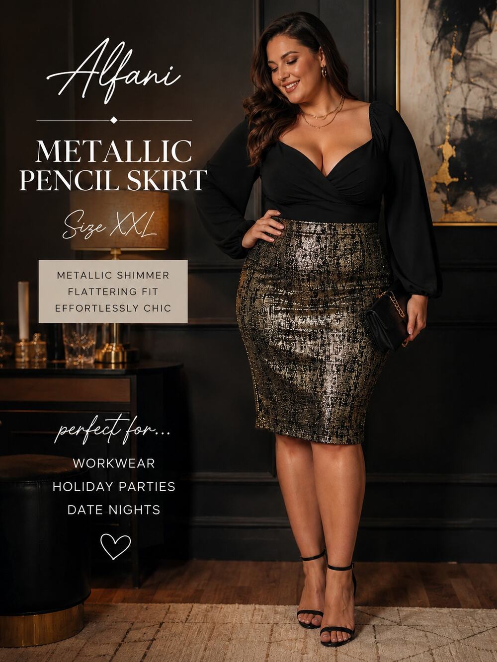 Alfani Pencil Skirt XXL Black Metallic Textured Career Party Glam Quiet Luxury